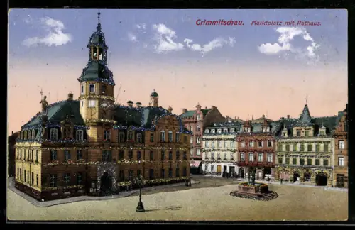 Glitzer-Perl-AK Crimmitschau, Marktplatz mit Rathaus