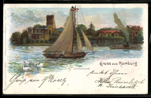 Lithographie Hamburg, Uhlenhorst, Segelboot