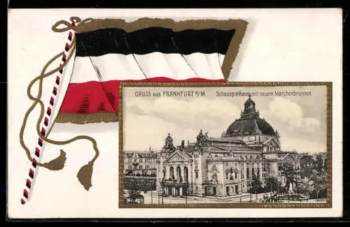 AK Frankfurt a. M., Schauspielhaus, Märchenbrunnen, Passepartout mit Reichsfahne