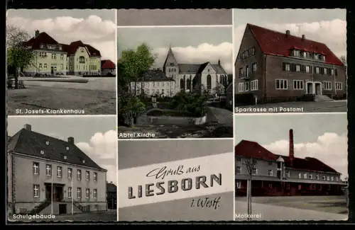 AK Liesborn i. Westf., St. Josefs-Krankenhaus, Abtei-Kirche, Sparkasse mit Postamt