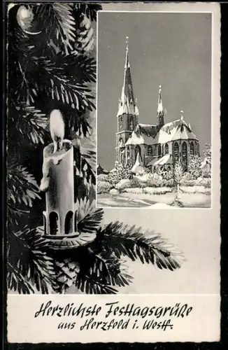 AK Herzfeld i. Westf., Kirche im Winter, Tannenzweig mit Kerze