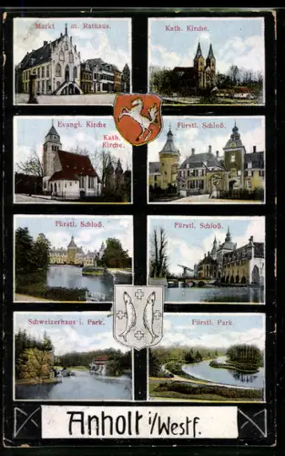 AK Anholt i. Westf., Markt mit Rathaus, Fürstl. Schloss, Kath. Kirche, Evangl. Kirche, Fürstl. Park