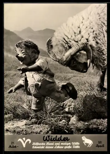 AK Igel Mecki flüchtet vor einem Widder, Sternzeichen Widder, 21.3. - 20.4.