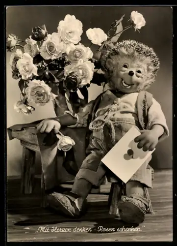 AK Herzlichen Glückwünsche!, Mecki mit Brief und Blumen