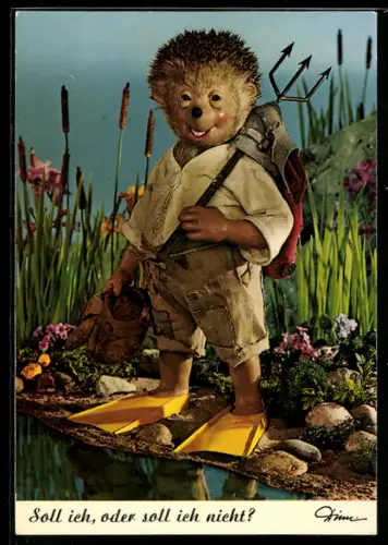 AK Mecki steht mit Flossen an den Füssen und Dreizack in der Hand am Ufer eines Sees, Soll ich oder soll ich nicht?