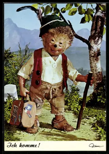 AK Ich komme, Mecki wandert mit Stock und Koffer