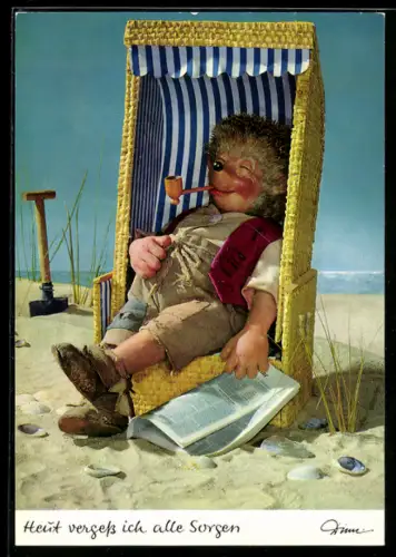 AK Mecki entspannt sich bei Pfeife und Zeitung im Strandkorb