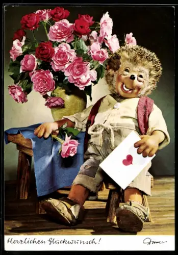 AK Mecki, Herzlichen Glückwunsch!, Mecki mit Brief und Blumenstrauss