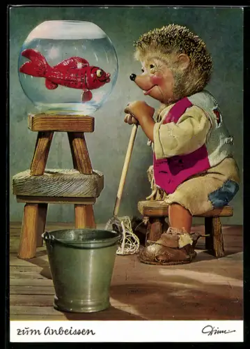 AK Mecki und Fisch im Kugelglas