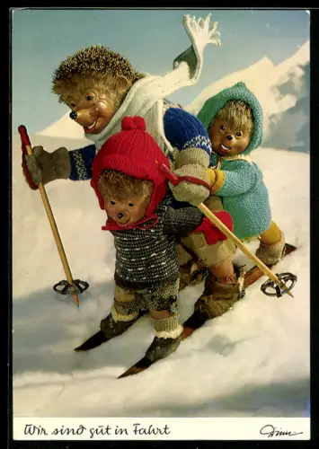 AK Mecki fährt mit seinen Kindern auf Skiern den Hang hinab