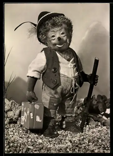 AK Igel Mecki als Wanderer mit Filzhut und Koffer