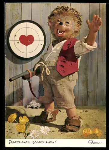 AK Mecki mit Gewehr vor Schiesscheibe mit Herz, Geburtstagsgruss