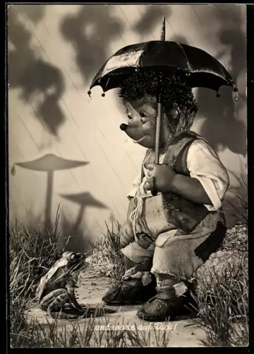 AK Igel Mecki mit Regenschirm und einem Frosch