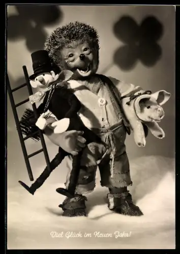 AK Viel Glück im Neuen Jahr! Mecki mit Schornsteinfeger und Schwein unter`m Arm