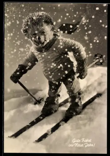 AK Gute Fahrt ins Neue Jahr ! - Mecki auf Ski bei der Abfahrt