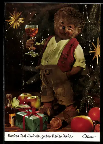 AK Mecki mit Weinglas bei den Geschenken