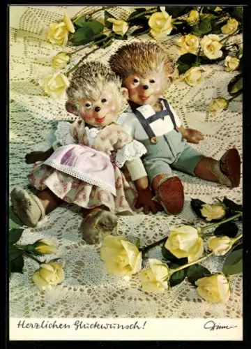 AK Mecki-Kinder auf Spitzendecke mit gelben Rosen, Glückwunsch