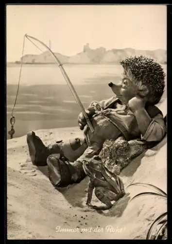 AK Mecki beim Angeln am See vom Frosch beobachtet