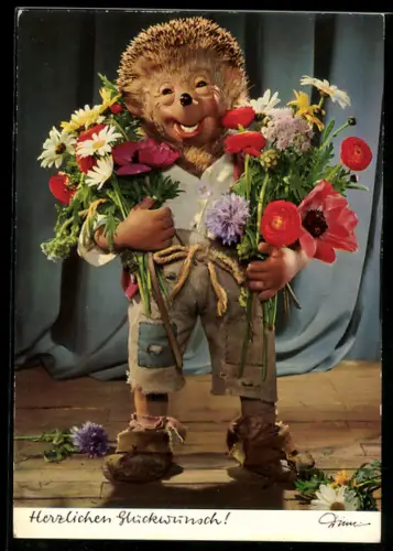 AK Igel Mecki mit Blumensträussen
