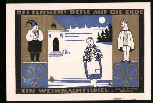 Notgeld Langeln 1921, 50, Weihnachtsmotiv mit Elf und Tannenbaum