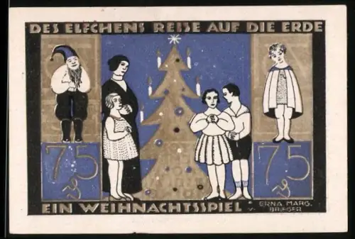 Notgeld Hemdingen 1921, 75 Pfennig, Weihnachtsbaum und Kinderspielszene mit Elfe und Kindern