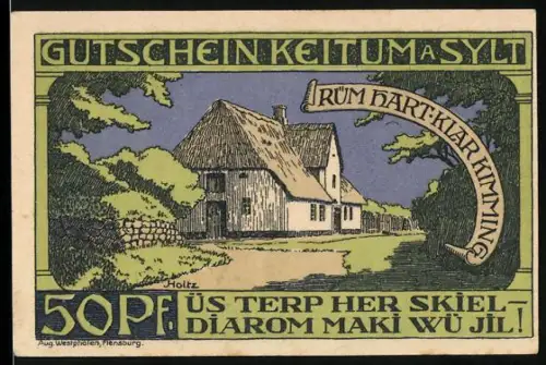 Notgeld Keitum a. Sylt 1920, 50 Pfennig, reetgedecktes Haus und Fischmotiv