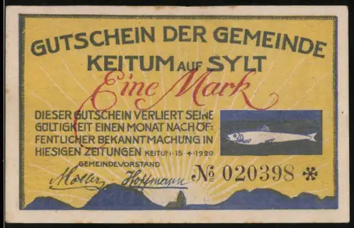 Notgeld Keitum auf Sylt 1920, 1 Mark, Fisch und friesische Frau in traditioneller Tracht