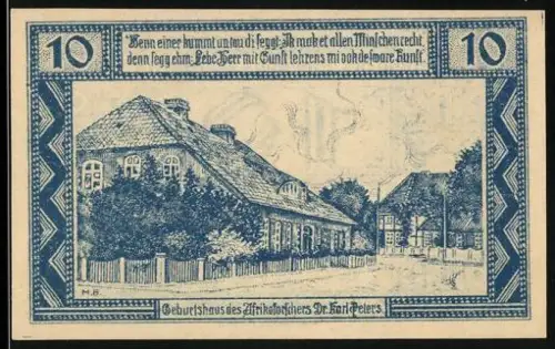 Notgeld Neuhaus a. Elbe 1921, 10 Pfennig, Geburtshaus des Afrikaforschers Dr. Karl Peters
