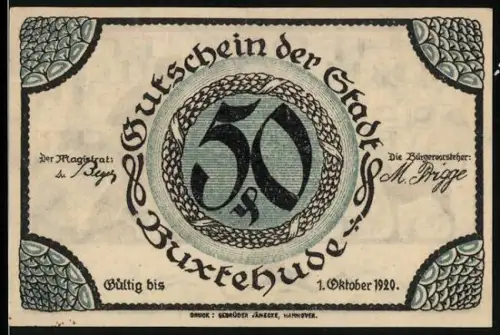 Notgeld Buxtehude 1920, 50 Pfennig, Arbeiter mit Hammer und Hunde im Hintergrund