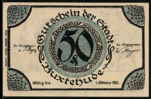 Notgeld Buxtehude 1921, 50 Pfennig, Schmied mit Hund und Spruch, rennende Figuren im Hintergrund