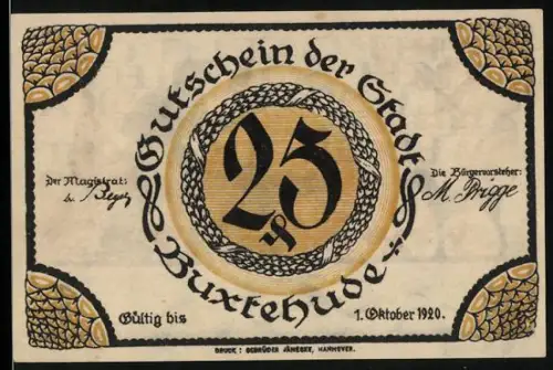 Notgeld Buxtehude 1920, 25 Pfennig, Schmied mit Hund und Spruch, laufende Hasen und Figuren