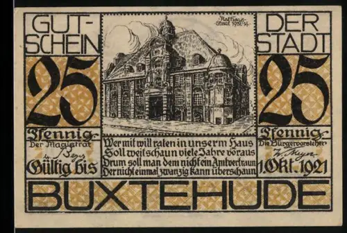 Notgeld Buxtehude 1921, 25 Pfennig, Rathaus und Porträt von Gerhard Halepaghen