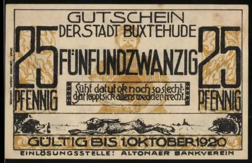 Notgeld Buxtehude 1920, 25 Pfennig, Ortsansicht und Wappen mit Schlüsseln und Hunden