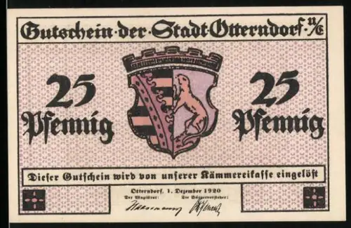Notgeld Otterndorf 1920, 25 Pfennig, Wappen mit Löwe und Hafenansicht mit Segelbooten
