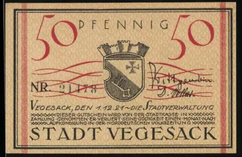 Notgeld Vegesack 1921, 50 Pfennig, Kirchendarstellung und Stadtwappen