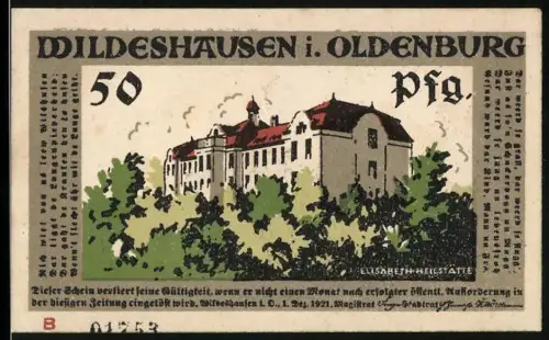 Notgeld Wildeshausen i. Oldenburg 1921, 50 Pfennig, Elisabeth-Heilstätte und Soldaten mit Trommeln