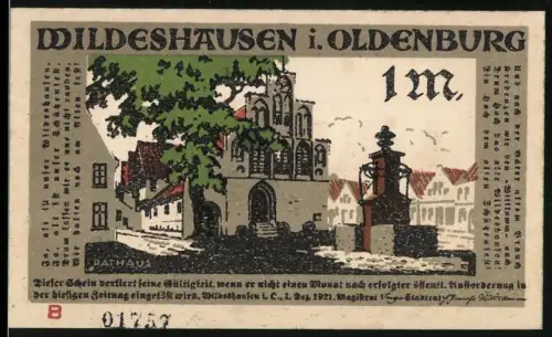 Notgeld Wildeshausen i. Oldenburg 1921, 1 Mark, Rathaus und Gerichtsszene