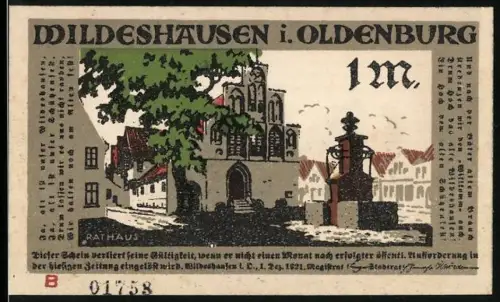 Notgeld Wildeshausen i. Oldenburg 1921, 1 Mark, Rathaus und Gerichtsszene mit Versen