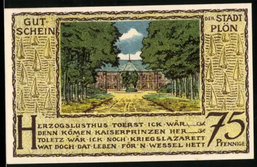 Notgeld Plön 1921, 75 Pfennig, Herzogsschloss und Prinzenfarm
