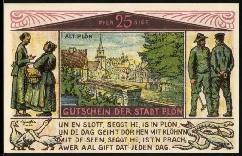 Notgeld Plön 1921, 25 Pfennig, Altstadtansicht und Fischerei-Motiv