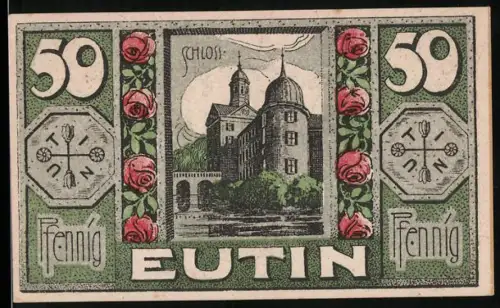 Notgeld Eutin 1920, 50 Pfennig, Schloss mit Rosenmotiven und Wappen mit Schlüssel und Rosen