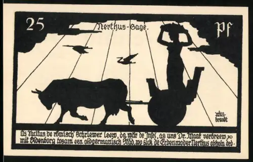 Notgeld Burg auf Fehmarn, 25 Pfennig, Nerthus-Sage mit Stier und Wagen, Wappen mit Türmen und Rad