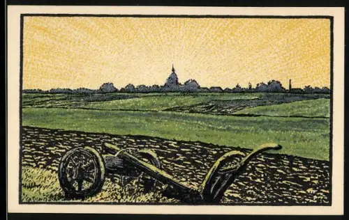 Notgeld Burg auf Fehmarn, 50 Pfennig, Pflug auf Ackerlandschaft und Wappen von Burg auf Fehmarn