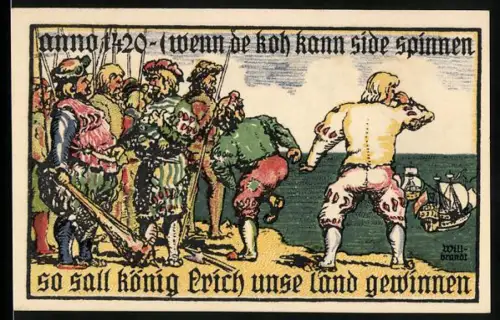 Notgeld Burg auf Fehmarn, 75 Pfennig, humorvolle historische Szene mit Schiff und Soldaten, Wappen mit Burg