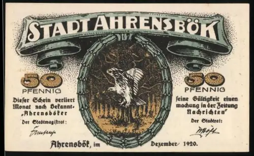 Notgeld Ahrensbök 1920, 50 Pfennig, Adler und Landschaftsansicht mit Ortsgedicht