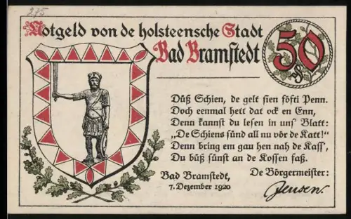 Notgeld Bad Bramstedt 1920, 50 Pfennig, Roland-Statue und tanzende Bauern, Wappen mit Ritter