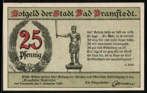 Notgeld Bad Bramstedt 1920, 25 Pfennig, Statue Rolandsfigur und Brunnen mit Gedicht