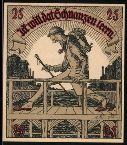 Notgeld Preetz 1921, 25 Pfennig, Mann auf Brücke und Stadtwappen mit Text