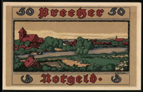 Notgeld Preetz in Holstein 1919, 50 Pfennig, Landschaft mit Gebäuden und Fluss, rote Wachssiegeldekoration