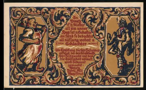 Notgeld Arneburg, 50 Pf, Wappen mit Fisch und stilisierte Figuren in reicher Verzierung